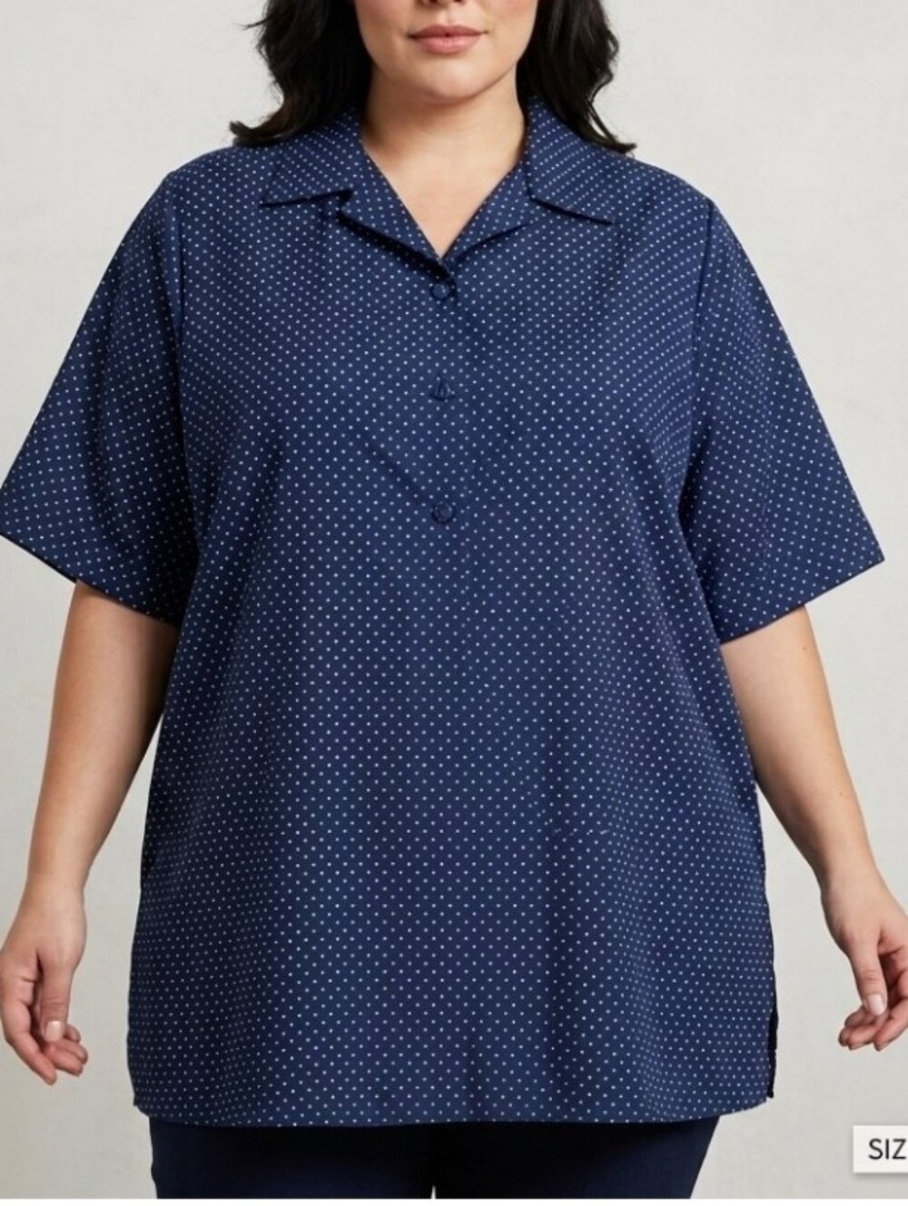 Vtg 70s MISS FASHIONALITY Blue Polka Dot Blouse 44 2X Made In USA MCM Paper Thin